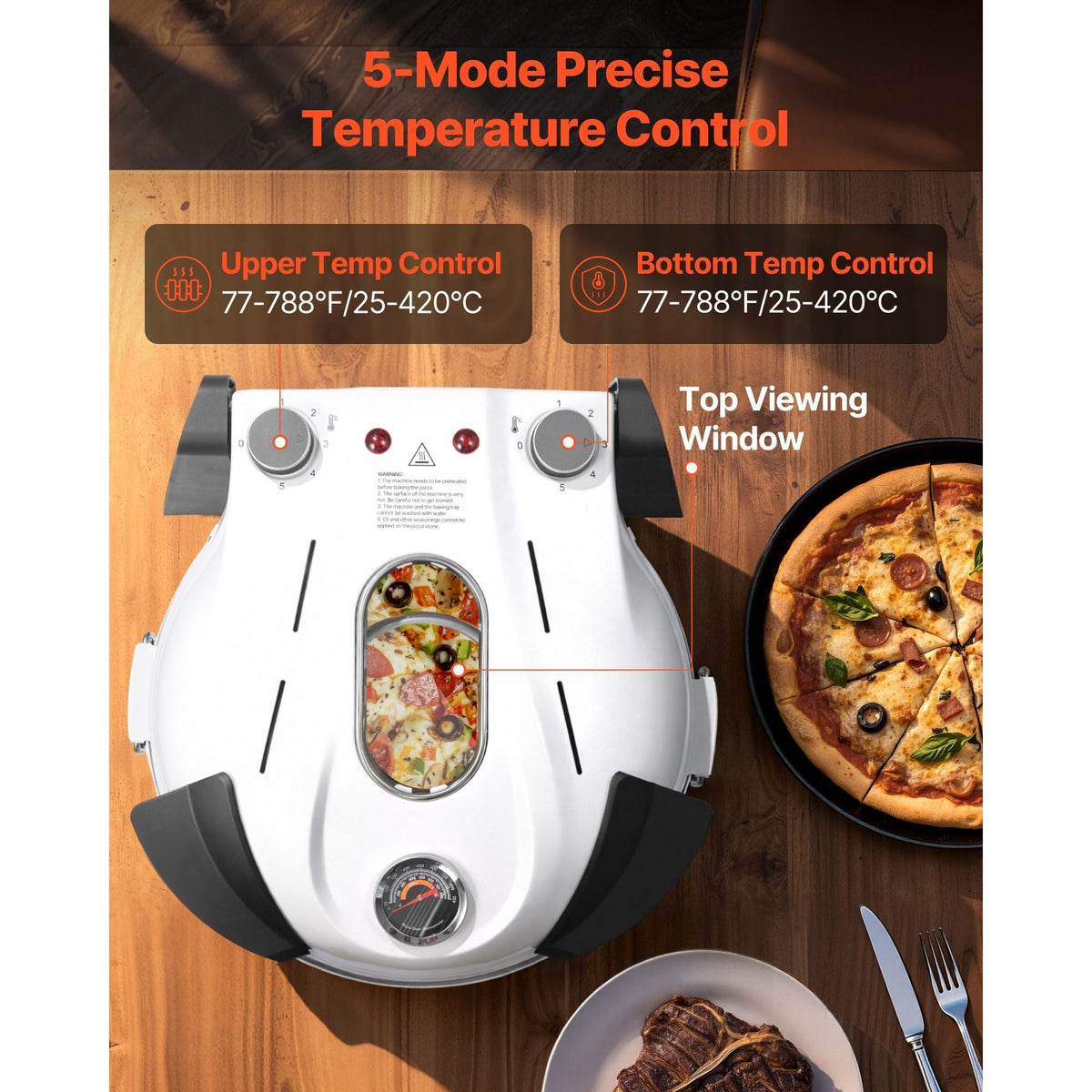 Pizza Oven, 12 in Electric Pizza Maker, 1200W Electric Pizzas Cooker with Cordierite Stone, 5-Mode Temperature Control, Viewing Window for Precise Cooking, Heats up to 788 ˚F, for Home (White)