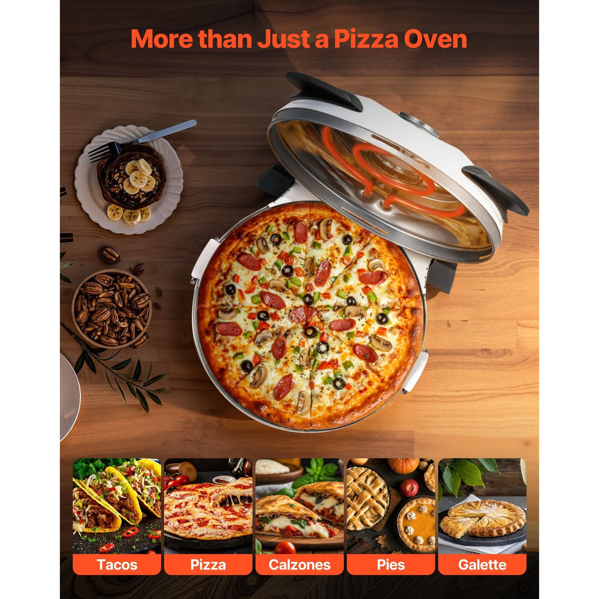 Pizza Oven, 12 in Electric Pizza Maker, 1200W Electric Pizzas Cooker with Cordierite Stone, 5-Mode Temperature Control, Viewing Window for Precise Cooking, Heats up to 788 ˚F, for Home (White)