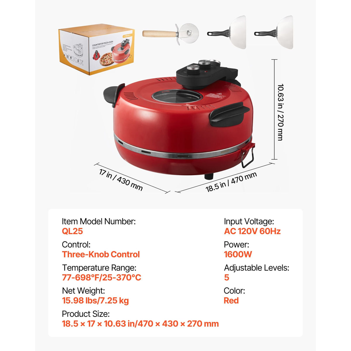 Pizza Oven, 14 in Electric Pizza Maker, 1600W Electric Pizzas Cooker with Cordierite Stone, 5-Mode Temperature Control, Viewing Window for Precise Cooking, Heats up to 698 ˚F, for Home Kitchen