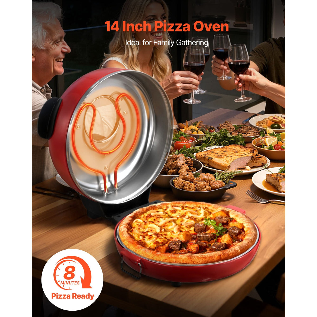 Pizza Oven, 14 in Electric Pizza Maker, 1600W Electric Pizzas Cooker with Cordierite Stone, 5-Mode Temperature Control, Viewing Window for Precise Cooking, Heats up to 698 ˚F, for Home Kitchen