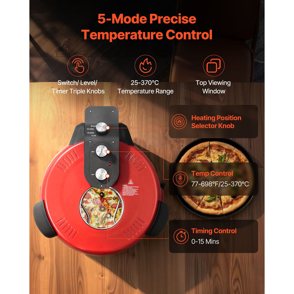 Pizza Oven, 14 in Electric Pizza Maker, 1600W Electric Pizzas Cooker with Cordierite Stone, 5-Mode Temperature Control, Viewing Window for Precise Cooking, Heats up to 698 ˚F, for Home Kitchen