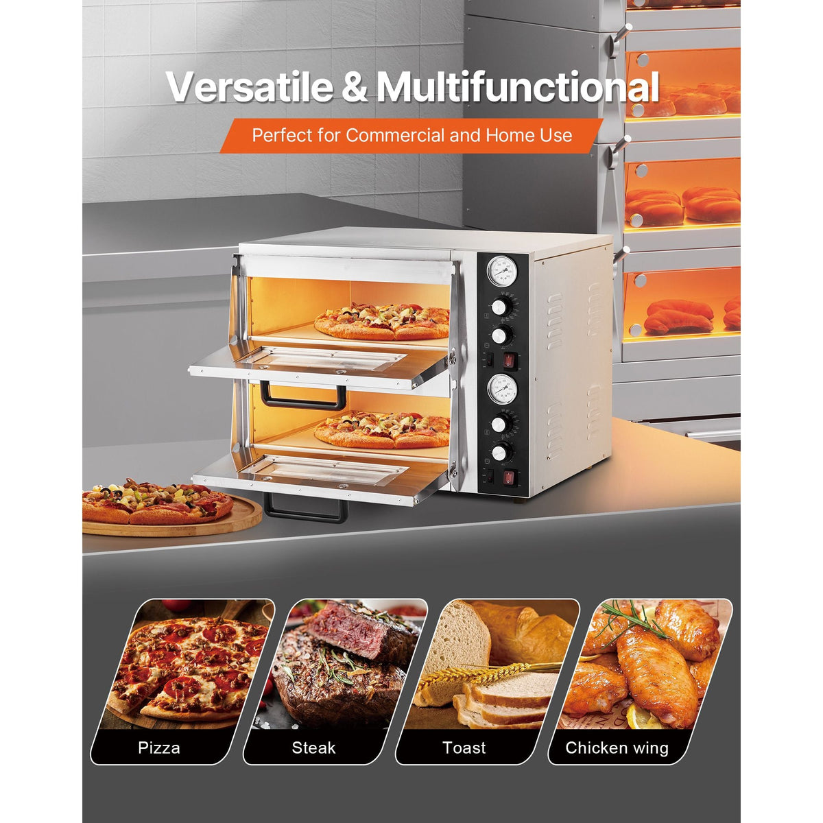 Pizza Oven Electric, 18" Double-Deck Commercial Countertop Pizza Oven, 842 Fahrenheit Max Temp, Indoor Pizza Maker with Thermometer, Independent Upper & Lower Temp Control & Timer