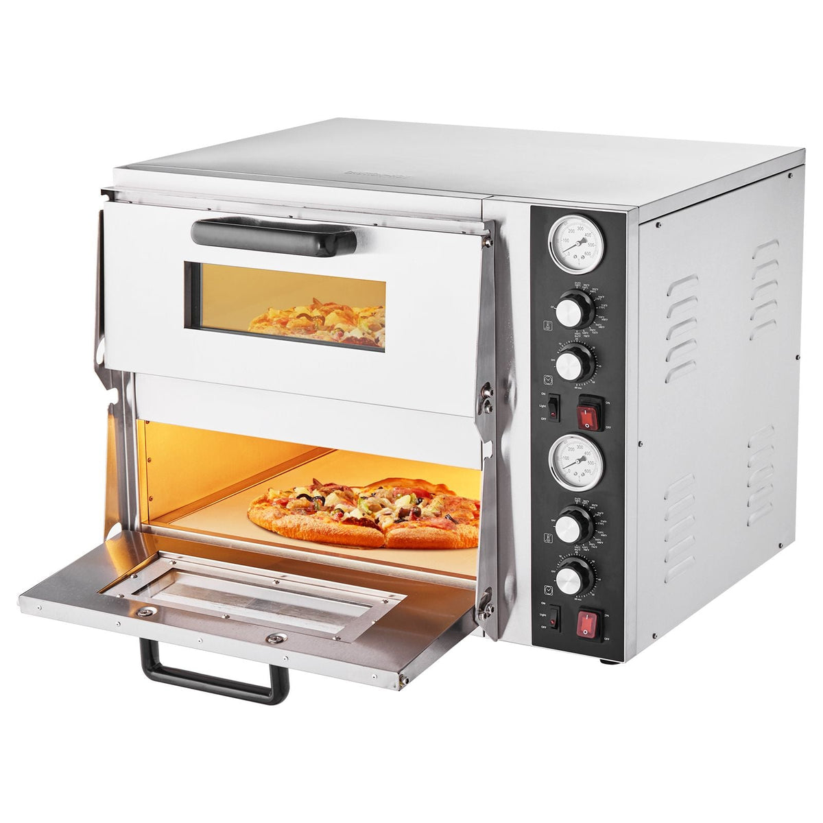 Pizza Oven Electric, 18" Double-Deck Commercial Countertop Pizza Oven, 842 Fahrenheit Max Temp, Indoor Pizza Maker with Thermometer, Independent Upper & Lower Temp Control & Timer