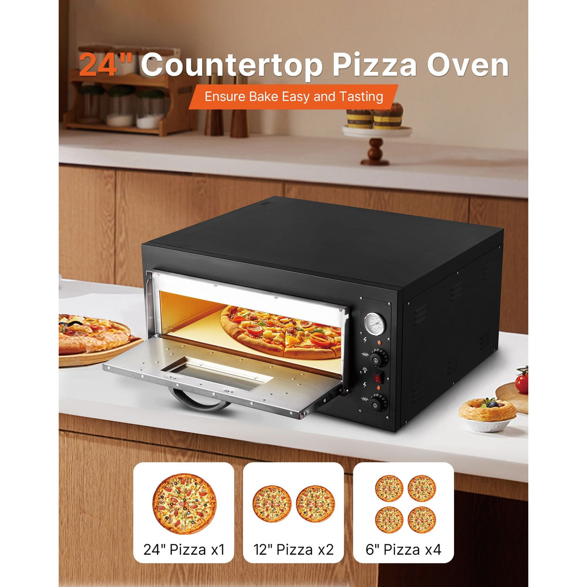 Pizza Oven Electric, 24" Commercial Countertop Pizza Oven, 842 Fahrenheit Max Temp, 4200W Indoor Pizza Maker with Thermometer, Dual Temp Control Knob, Even Heat Pizza Cooker