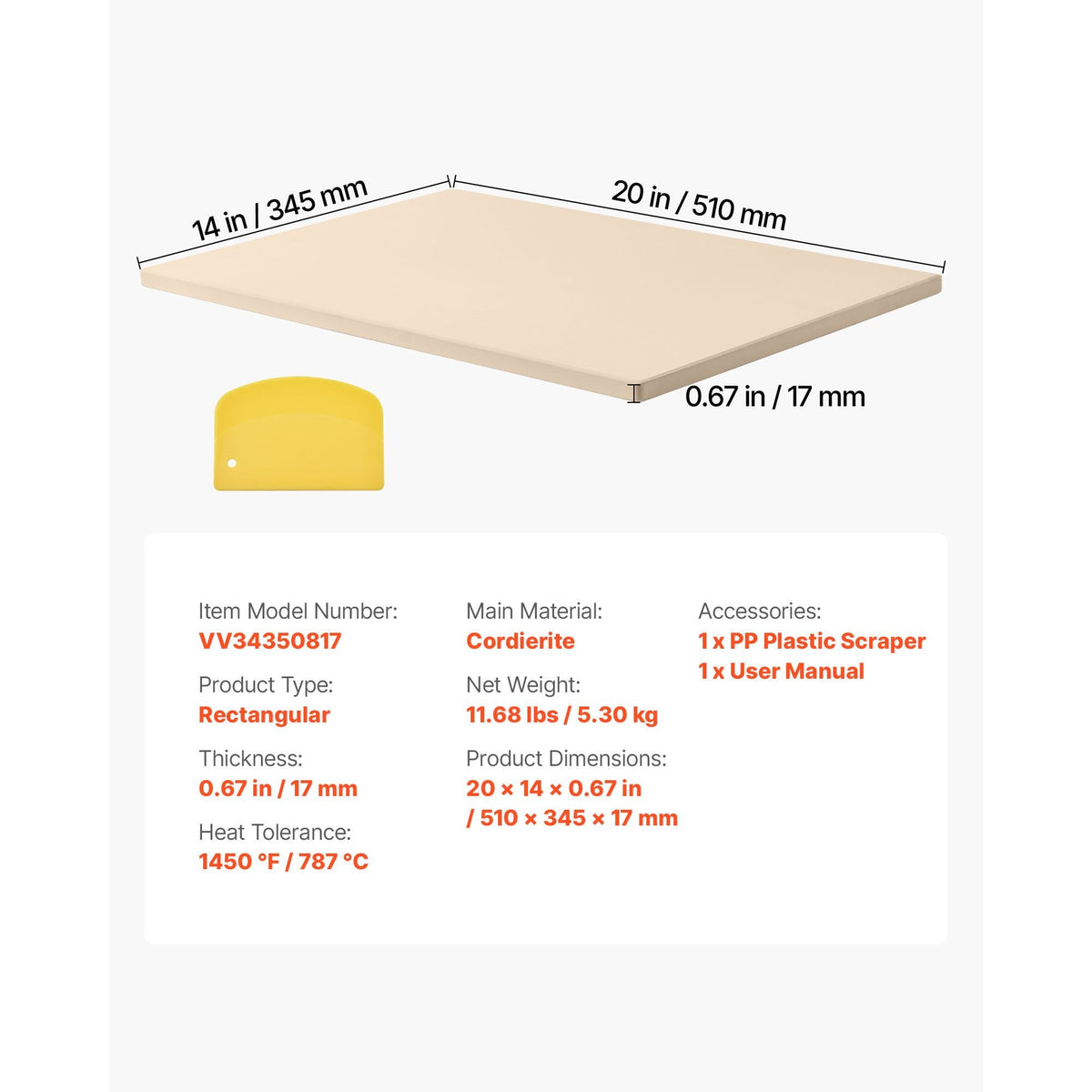 Pizza Stone, 20 x 14 x 0.67 in Rectangular Pizza Stone, Extra Large Baking-Stone with Scraper, 1450Fahrenheit Heat-Resistant Cordierite, for Oven, BBQ Griller, Baking Bread & Pizza