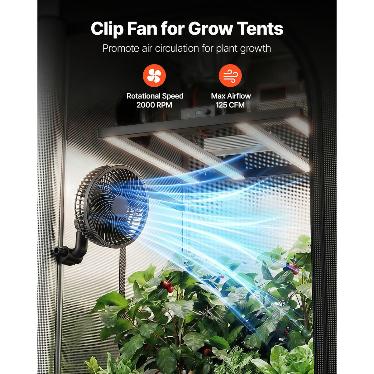 Plant Fan, Grow Tent Clip On Fan Rechargeable, USB Port with 9 Speeds & Circulation Mode, Smart Control, Powerful Oscillating, Long Runtime for Hydroponics Circulation Cooling, Black, 1 Pack