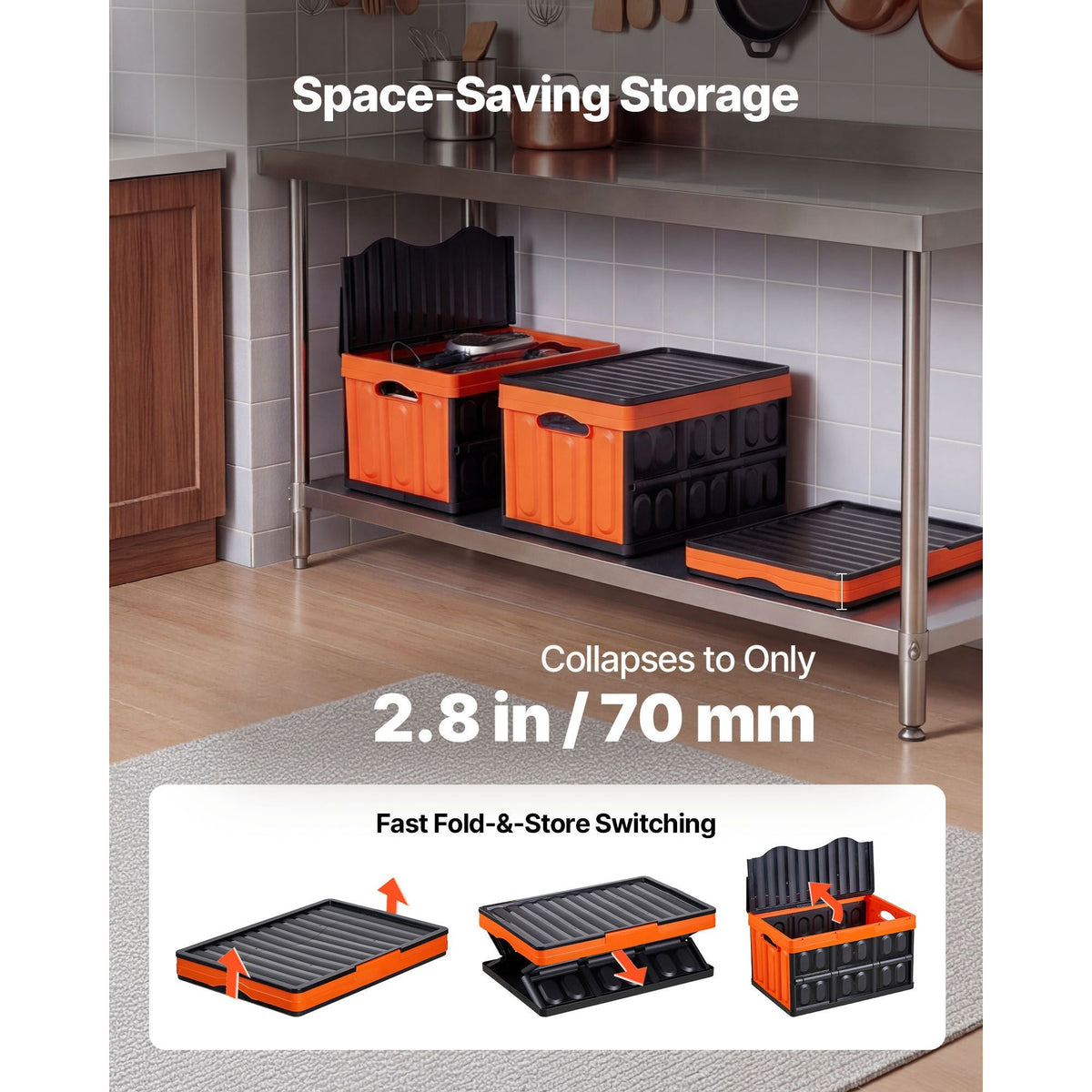 Plastic Collapsible Storage Bins with Lids, 45L 3Packs, Stackable Folding Storage Crates with Handles, Holds 44 lbs Per Bin, Heavy Duty Containers, Space-Saving Baskets, for Home Organizing
