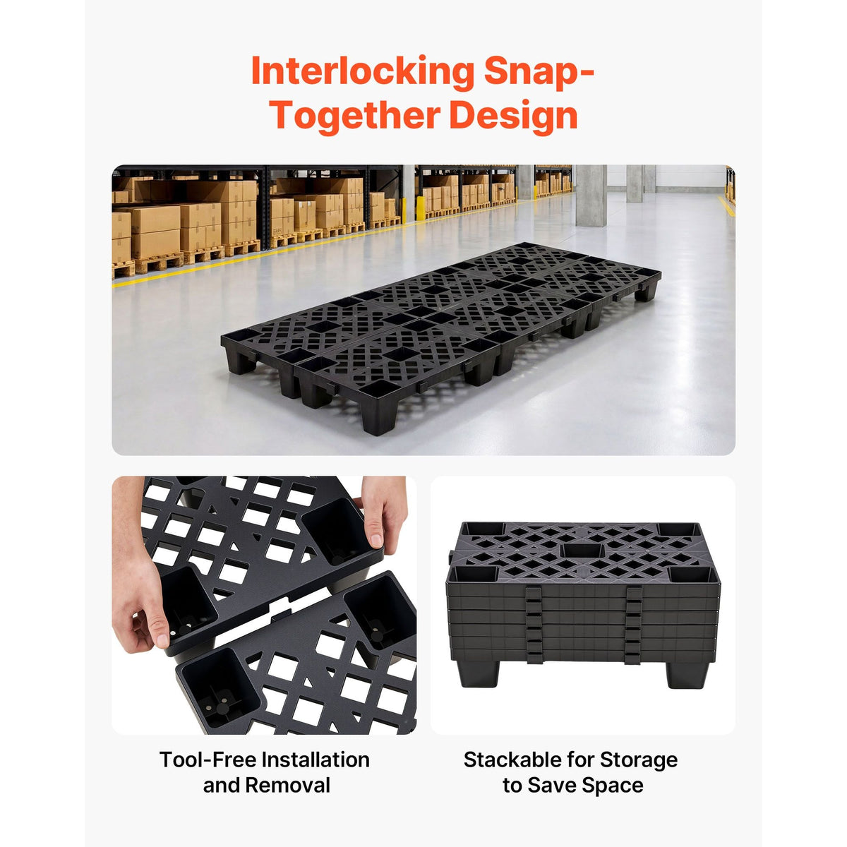 Plastic Pallets, 6 Pcs Plastic Pallets for Basement Storage, Nestable Lightweight Waterproof Storage Pad with Breathable Grid for Indoor Outdoor Supermarket Warehouse, 19.7" x 12" x 3.9", Black
