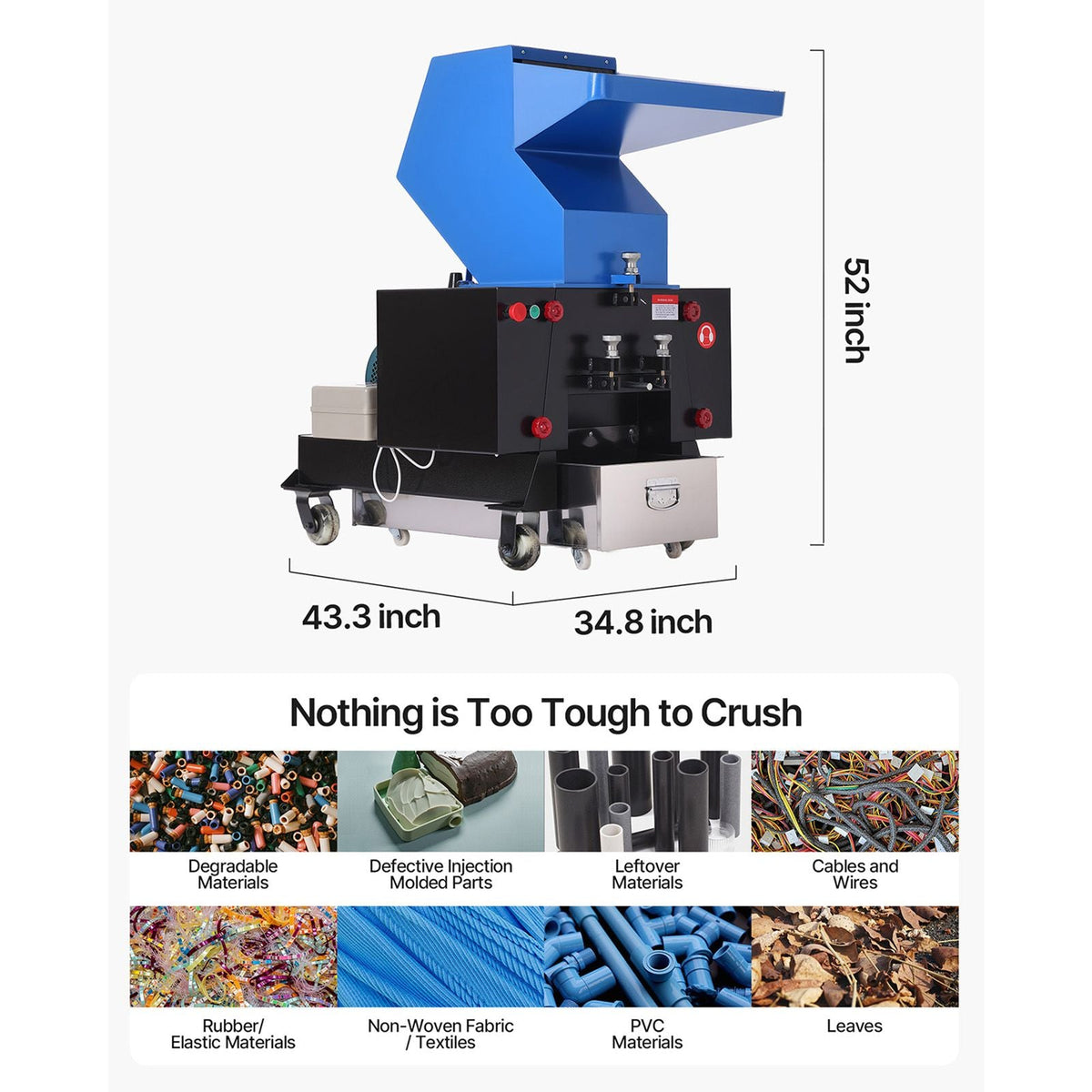 Plastic Shredder Crusher, 10HP/7.5KW Plastic Bottle Grinder Granulator, 250-450kg/h Capacity Pulverizer Recycling Machine with Wheels, SDK-11 Blade & 10mm Mesh for PVC PTFE (220V 60Hz 3-Phase)