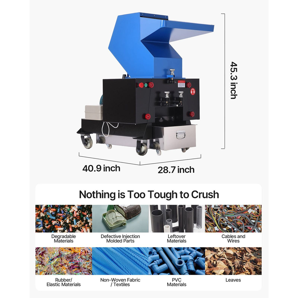 Plastic Shredder Crusher, 7.5HP/5.5KW Plastic Bottle Grinder Granulator, 200-300kg/h Capacity Pulverizer Recycling Machine with Wheels, SDK-11 Blade & 8mm Mesh for PVC PTFE (220V 60Hz 3-Phase)