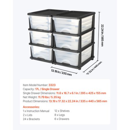 Plastic Storage Drawers, 2 Pack Storage Organizer Drawer, 6 Drawers Closet Organization and Storage Dividers, Dresser Organizer Clear Bins for Office Supplies, Craft Rooms, Classrooms and Home