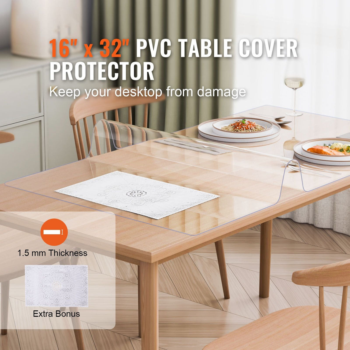 Plastic Table Cover, 16 x 32 Inch 1.5 mm Thick Clear Table Protector, Rectangle PVC Desk Mat, Waterproof & Easy Cleaning Desk Pad Tablecloth, for Office Dresser Dining Room Table Night Stand