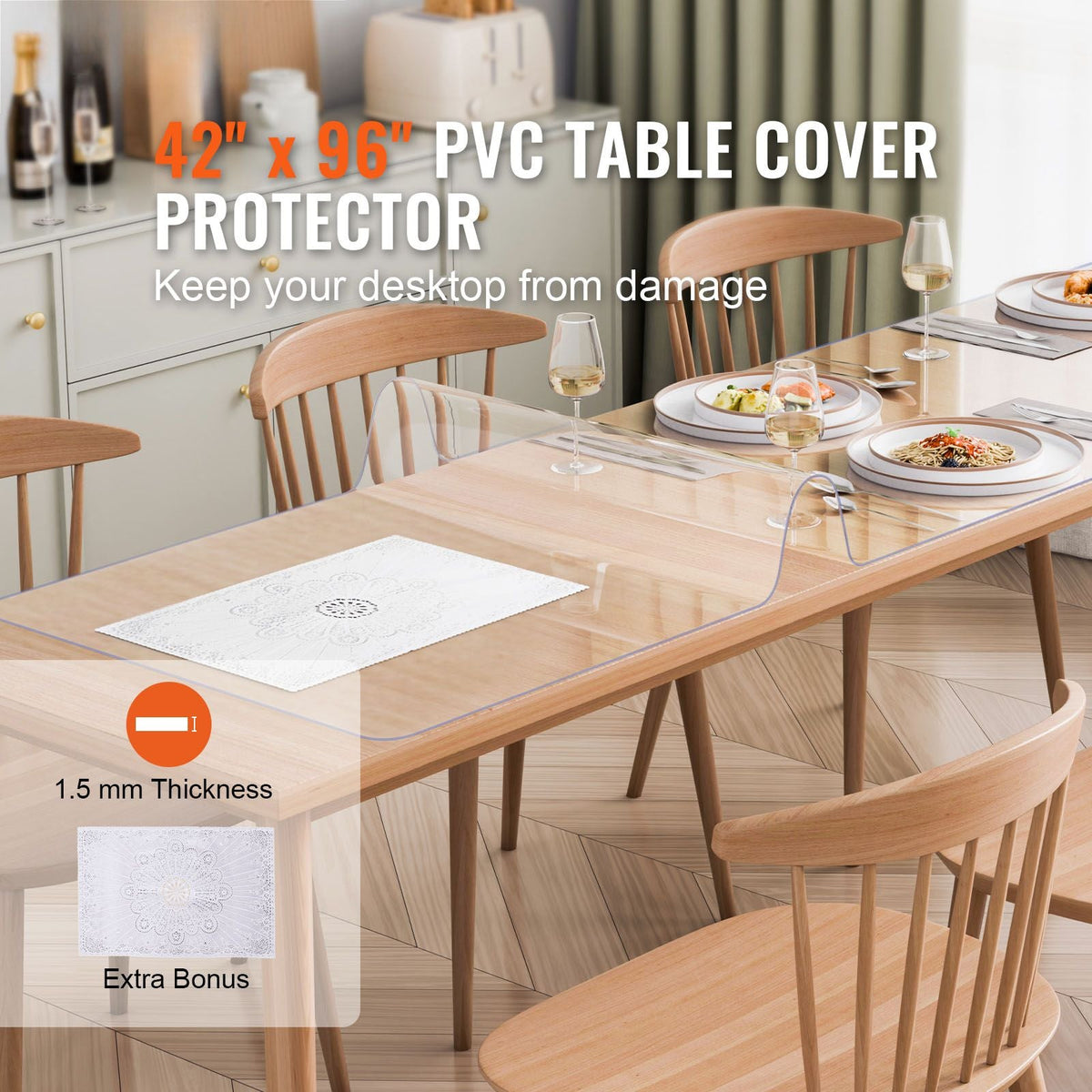 Plastic Table Cover, 42 x 96 Inch 1.5 mm Thick Clear Table Protector, Rectangle PVC Desk Mat, Waterproof & Easy Cleaning Desk Pad Tablecloth, for Office Dresser Dining Room Table Night Stand