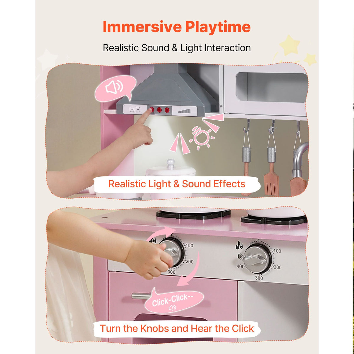 Play Kitchen for Kids, Wooden, Kids Kitchen Playset with Real Lights & Sounds, Food & Cookware Accessories, Pretend Play Toy Set, Range Hood, Microwave, for Toddlers, Girls & Boys Ages 3-8, Pink