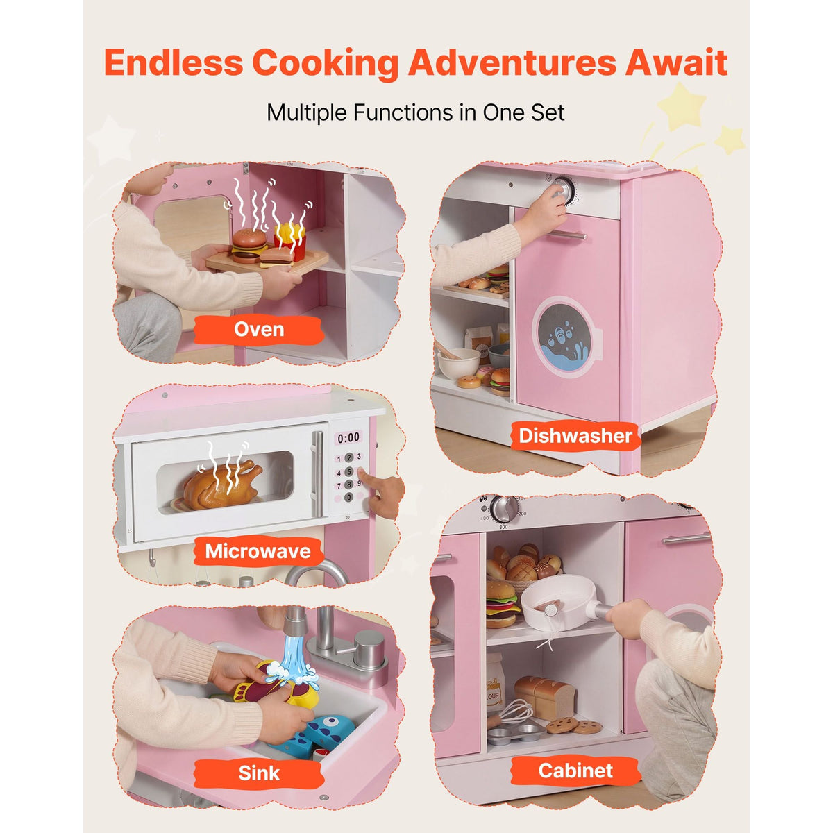 Play Kitchen for Kids, Wooden, Kids Kitchen Playset with Real Lights & Sounds, Food & Cookware Accessories, Pretend Play Toy Set, Range Hood, Microwave, for Toddlers, Girls & Boys Ages 3-8, Pink