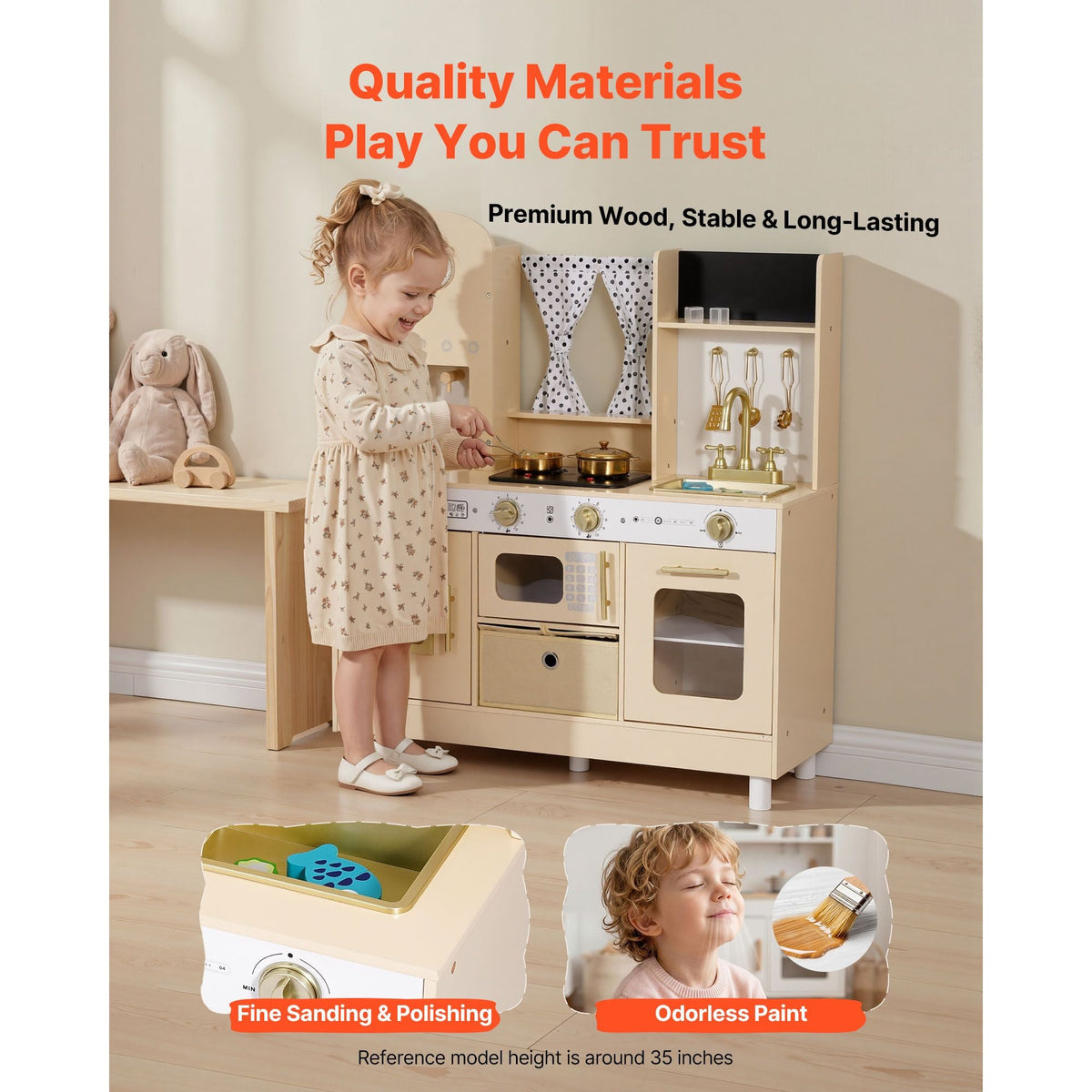 Play Kitchen for Kids, Wooden, Kids Kitchen Playset with Realistic Lights & Sounds, Food & Cookware, Modern Style Pretend Play Toy Set, Ice Maker, Microwave, for Toddlers, Girls & Boys Ages 3-8