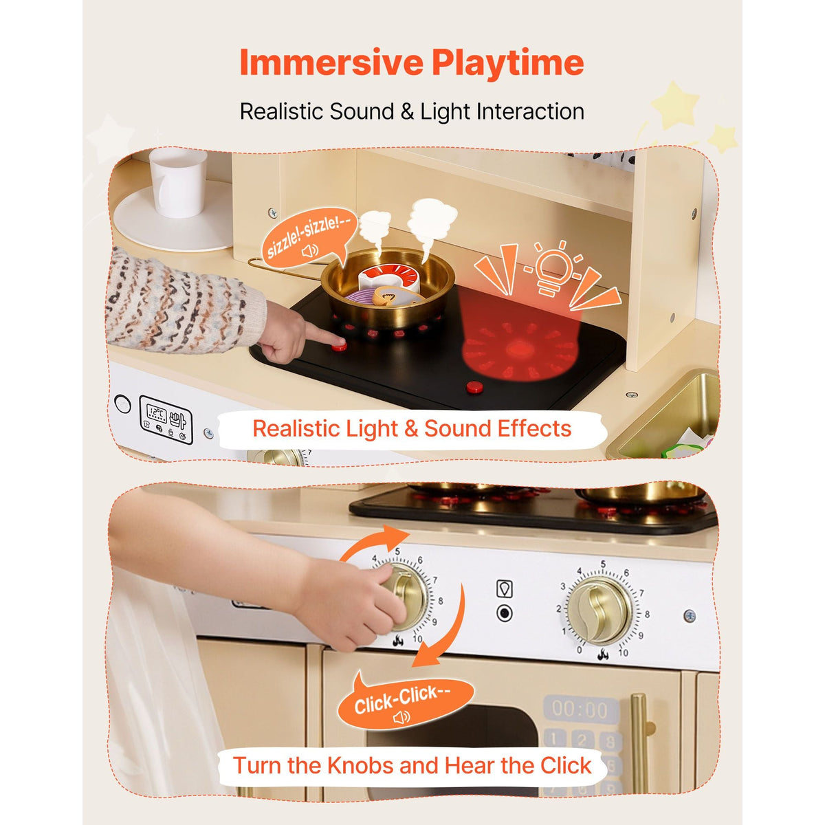 Play Kitchen for Kids, Wooden, Kids Kitchen Playset with Realistic Lights & Sounds, Food & Cookware, Modern Style Pretend Play Toy Set, Ice Maker, Microwave, for Toddlers, Girls & Boys Ages 3-8