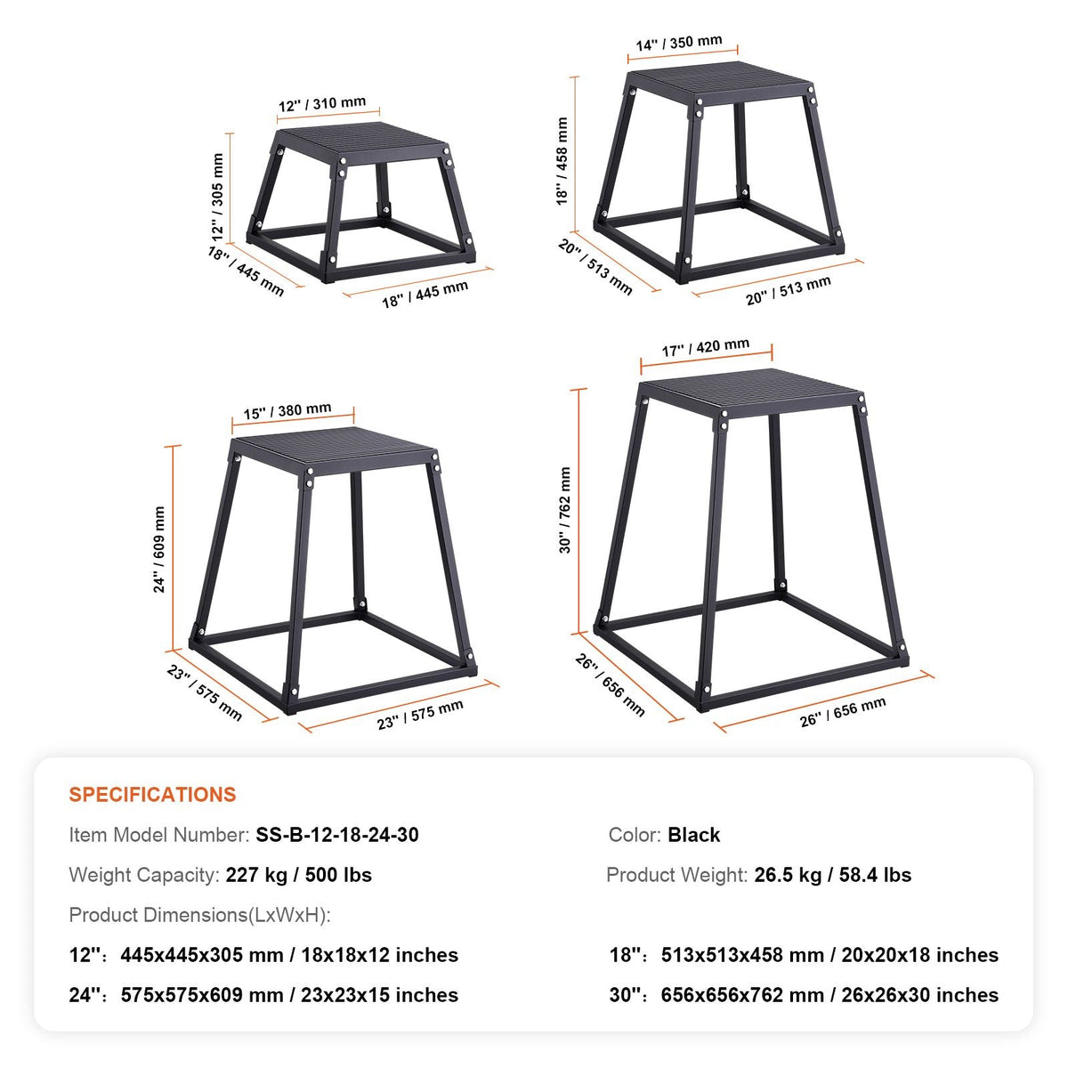 Plyometric Jump Boxes, 12/18/24/30 Inch Plyo Box, Platform and Jumping Agility Box, Anti-Slip Fitness Exercise Step Up Box Set for Home Gym Training, Conditioning Strength Training, Black