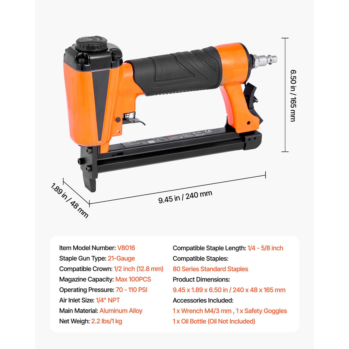 Pneumatic Staple Gun, 21 Gauge Pneumatic Upholstery Stapler for 80 Series 1/2-inch Crown 1/4"-5/8" Length Staples, 70-110 PSI Air Staple Gun for Woodworking, Upholstering, Crafts, DIY Projects
