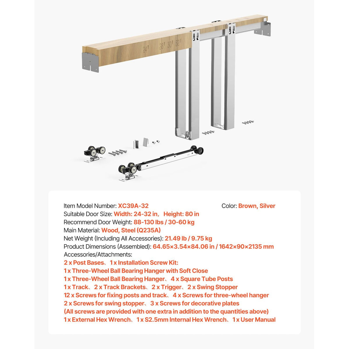 Pocket Door Frame Kit, for 24-32 in Wide 80 in High Door, Pocket Door Kit with Two-Way Soft Close Mechanism, Slide Smoothly Quietly, Easy to Install, Premium Galvanized Steel, for Living Room