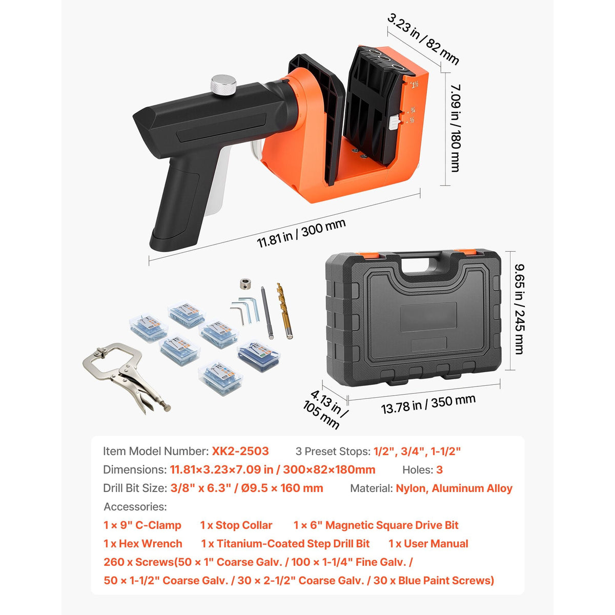 Pocket Hole Jig Kit, 1/2", 3/4", 1-1/2" Adjustable, 360° Rotating Handle, Jig Pocket Hole System with 260 Screws, C-Clamp, Stop Collar, Drill Bit, Easy Clamping and Adjusting, for Woodworking