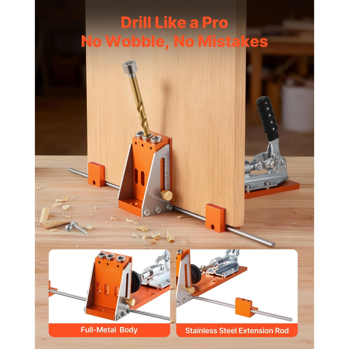 Pocket Hole Jig Kit, 1/2 to 1-1/2 in Adjustable, Jig Pocket Hole System with Toolcase, C-Clamp, Step Drill, Hex Wrench, Drill Stop Ring, Square Drive Bit, Reinforced Metal Frame, for Woodworking