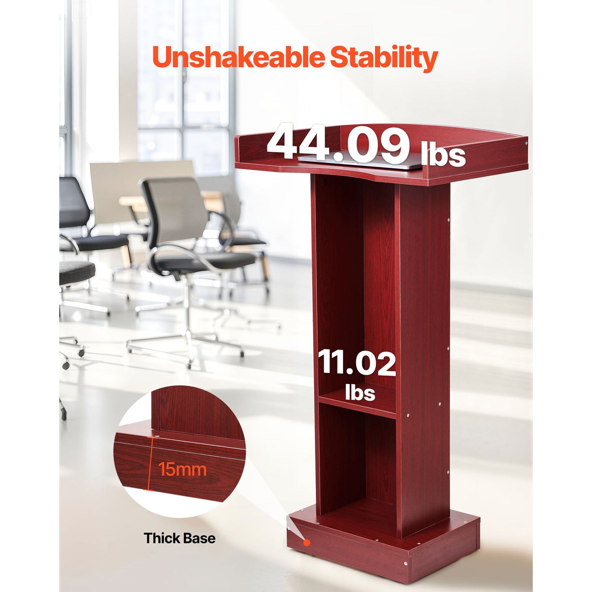 Podium Stand, 41-Inch Wooden Lectern, Laptop Desk with Wide Reading Surface and Storage Shelf, Edge Stopper, Elegant Design, Flool-Standing, for Classroom, Conference, Church, and Presentation