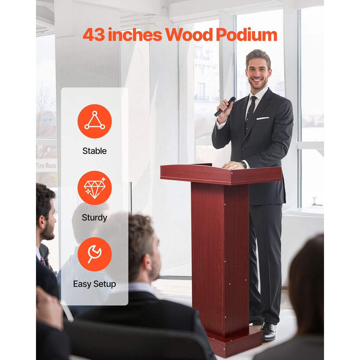 Podium Stand, 41-Inch Wooden Lectern, Laptop Desk with Wide Reading Surface and Storage Shelf, Edge Stopper, Elegant Design, Flool-Standing, for Classroom, Conference, Church, and Presentation