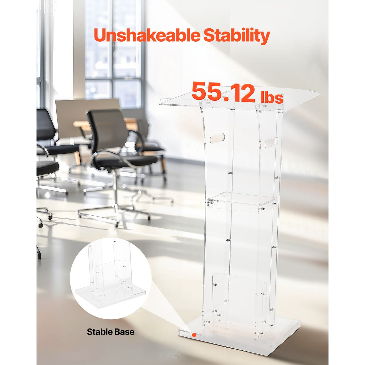 Podium Stand, 43-Inch Acrylic Lectern, Portable Laptop Desk with Wide Reading Surface and Storage Shelf, Book Stopper, Floor-Standing, for Classroom, Wedding, Conference, Lecture and Concert