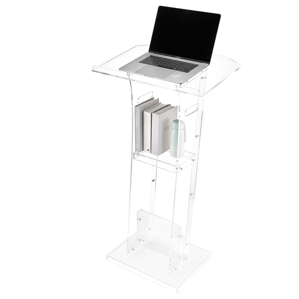 Podium Stand, 43-Inch Acrylic Lectern, Portable Laptop Desk with Wide Reading Surface and Storage Shelf, Book Stopper, Floor-Standing, for Classroom, Wedding, Conference, Lecture and Concert