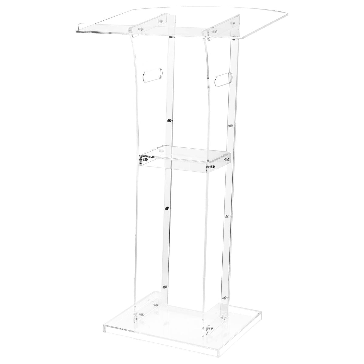 Podium Stand, 43-Inch Acrylic Lectern, Portable Laptop Desk with Wide Reading Surface and Storage Shelf, Book Stopper, Floor-Standing, for Classroom, Wedding, Conference, Lecture and Concert