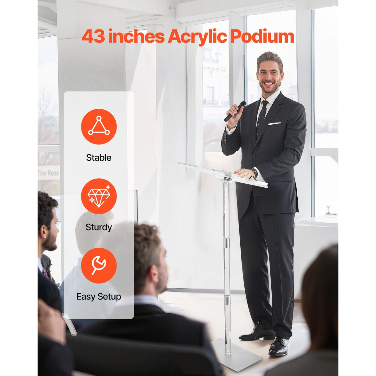 Podium Stand, 43-Inch Acrylic Lectern, Portable Laptop Desk with Wide Reading Surface, Book Clips, Adjustable Angle, Floor-Standing, for Classroom, Wedding, Conference, Lecture and Concert