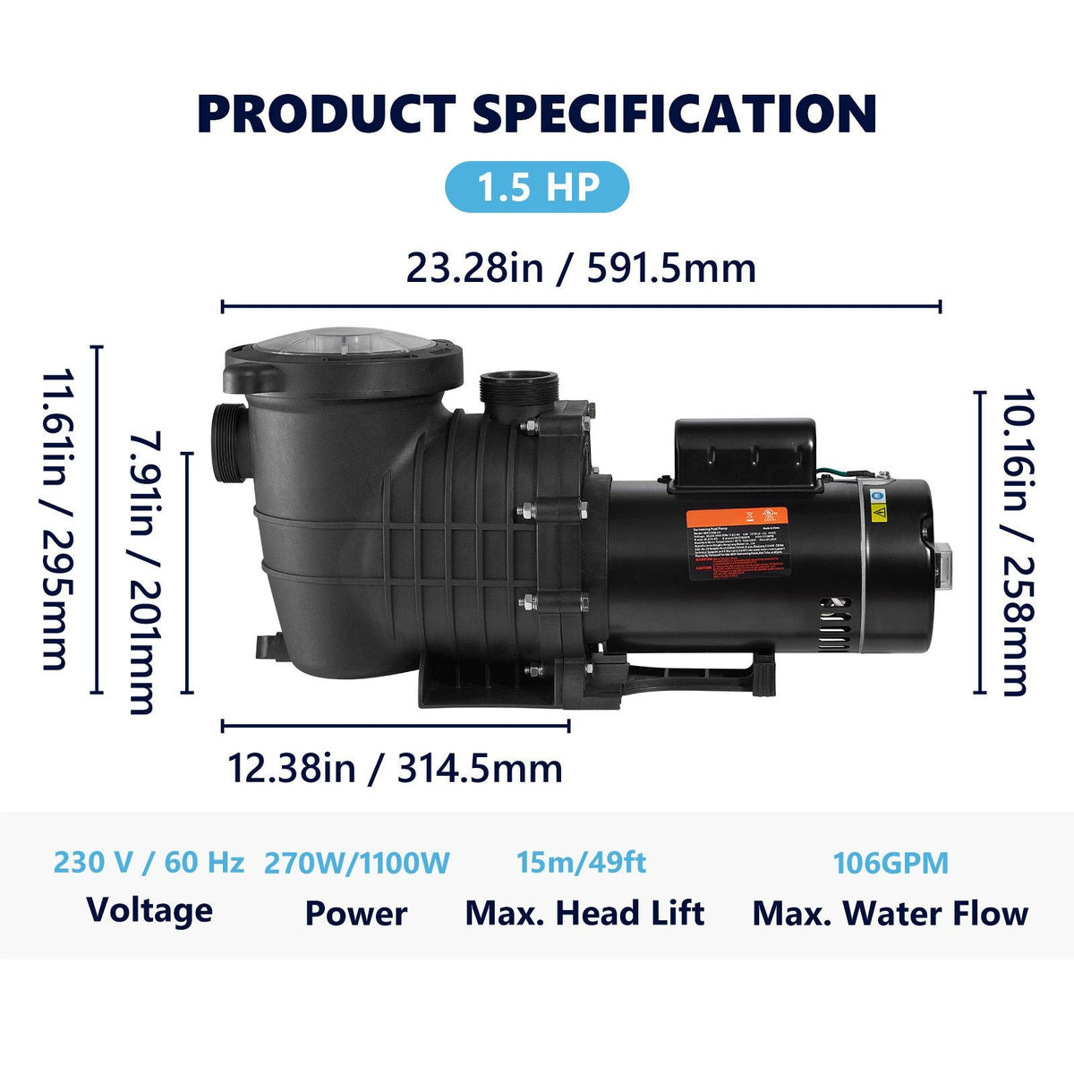Pool Pump 1.5HP 230V, Variable Dual Speed Pumps 1100W for Above Ground Pool, Powerful Pump with Strainer Filter Basket, 5400 GPH Max. Flow, Energy Saving Swimming Pool Pump