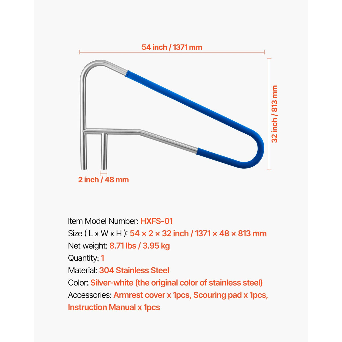 Pool Rail, 54 x 32 inch Pool Handrail, 220 lbs Load Capacity Heavy Duty 304 Stainless Steel Swimming Handrail, Detachable Nonslip Sleeve, Recessed or Base Mount, for Poolside, Water Parks