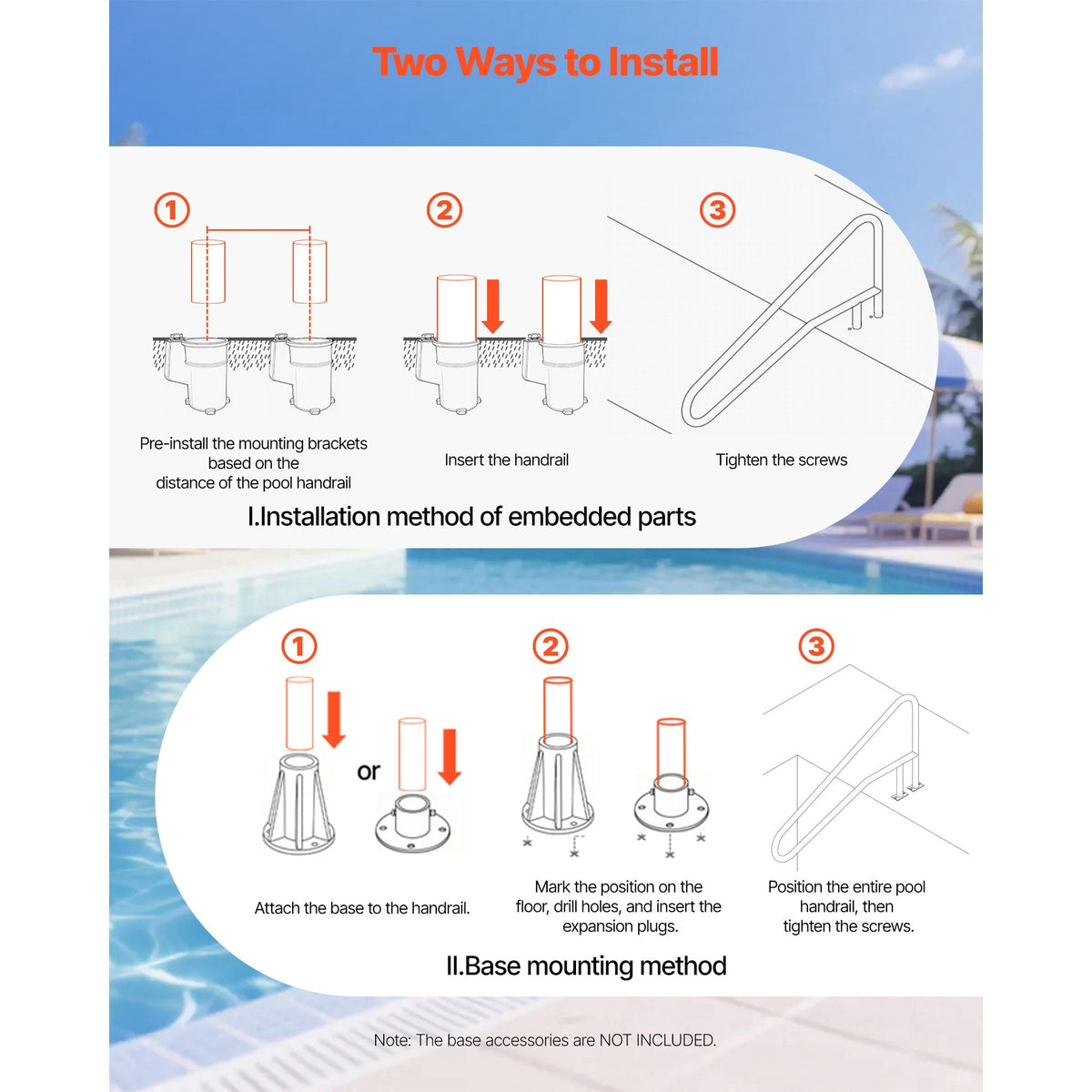 Pool Rail, 54 x 32 inch Pool Handrail, 220 lbs Load Capacity Heavy Duty Stainless Steel Swimming Handrail, Seamless Welding, Recessed or Base Mount, for Poolside, Water Parks, Spa Centers