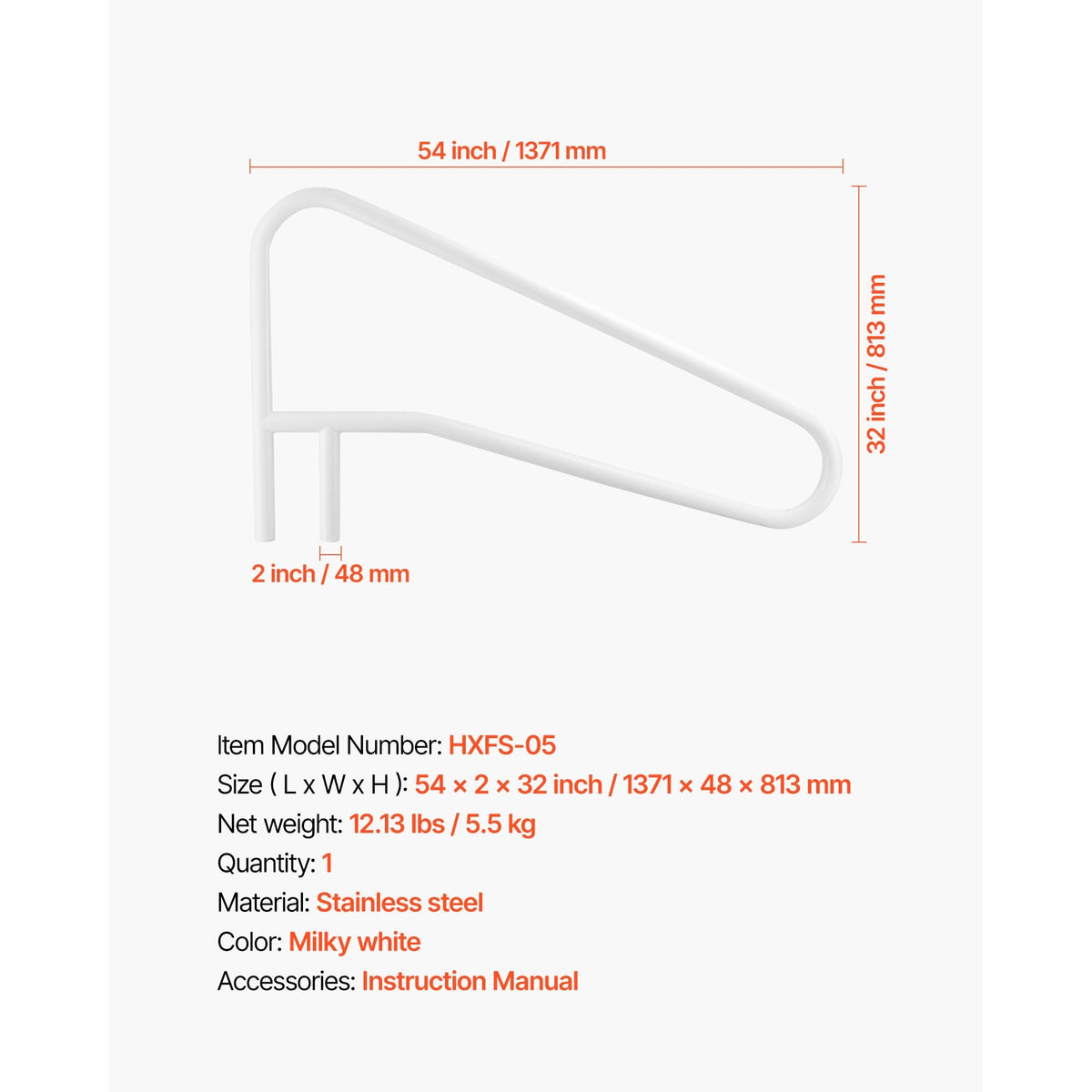 Pool Rail, 54 x 32 inch Pool Handrail, 220 lbs Load Capacity Heavy Duty Stainless Steel Swimming Handrail, Seamless Welding, Recessed or Base Mount, for Poolside, Water Parks, Spa Centers