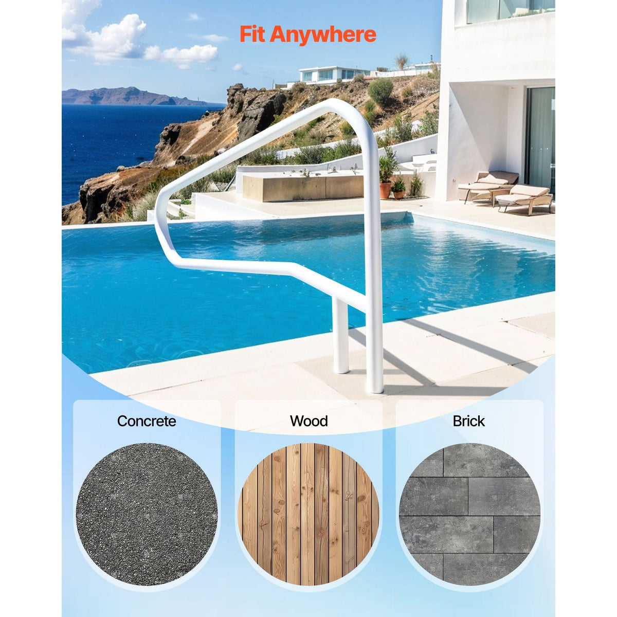 Pool Rail, 54 x 32 inch Pool Handrail, 220 lbs Load Capacity Heavy Duty Stainless Steel Swimming Handrail, Seamless Welding, Recessed or Base Mount, for Poolside, Water Parks, Spa Centers