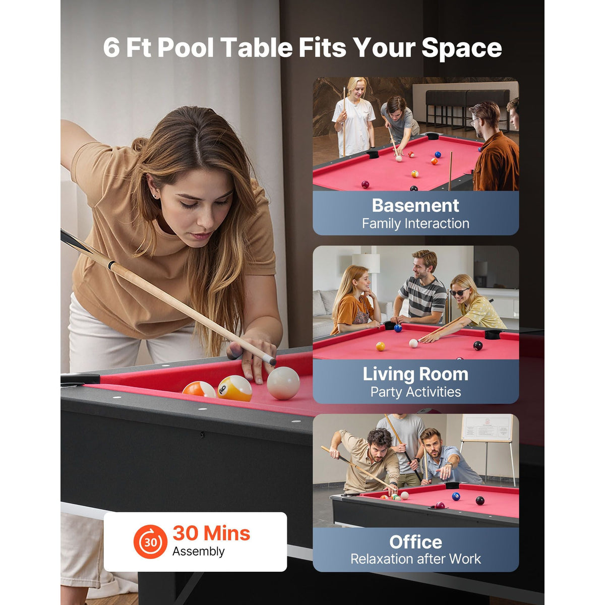 Pool Table, 6 ft Portable Billiards Tables, Adjustable Feet Stable Game Table, Entertainment Set Includes Ball, Cue, Rack, Chalk and Brush, Black with Red Cloth, for Family Use, Recreation Room