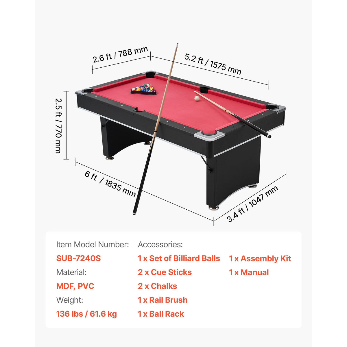 Pool Table, 6 ft Portable Billiards Tables, Adjustable Feet Stable Game Table, Entertainment Set Includes Ball, Cue, Rack, Chalk and Brush, Black with Red Cloth, for Family Use, Recreation Room