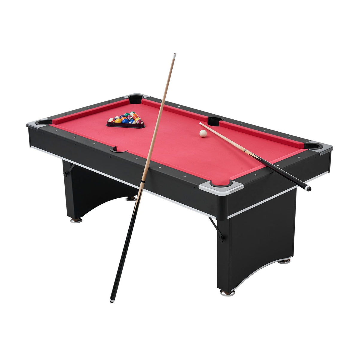 Pool Table, 6 ft Portable Billiards Tables, Adjustable Feet Stable Game Table, Entertainment Set Includes Ball, Cue, Rack, Chalk and Brush, Black with Red Cloth, for Family Use, Recreation Room