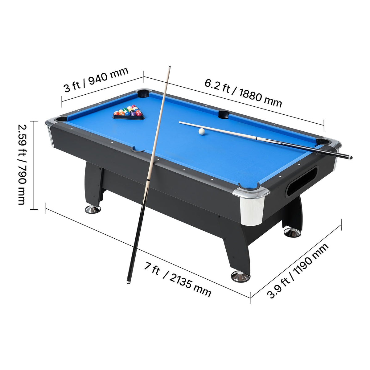 Pool Table, 7 ft Portable Billiards Tables, Adjustable Feet Stable Game Table, Entertainment Set Includes Ball, Cue, Rack, Chalk and Brush, Black with Bule Cloth, for Family Use, Recreation Room