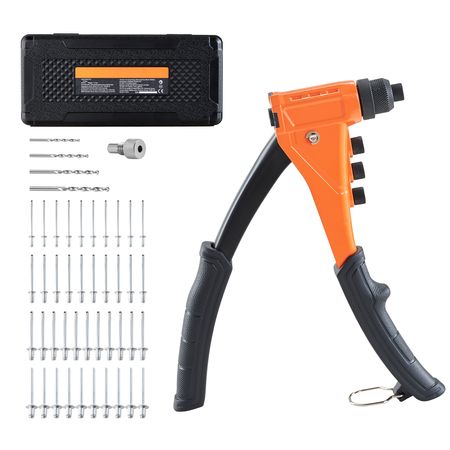 Pop Rivet Gun Kit, with 200 Blind Rivets, Heavy Duty Single Hand Riveter with 4 Interchangeable Nosepieces, 4 Drill Bits, and a Carrying Case, Manual Riveting Tool for Metal, Automotive, Home
