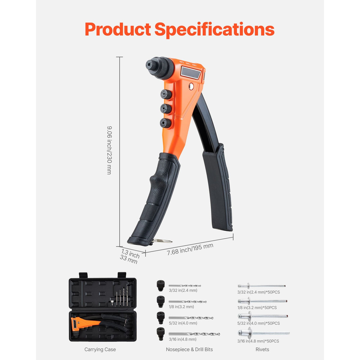 Pop Rivet Gun Kit, with 200 Blind Rivets, Heavy Duty Single Hand Riveter with 4 Interchangeable Nosepieces, 4 Drill Bits, and a Carrying Case, Manual Riveting Tool for Metal, Automotive, Home