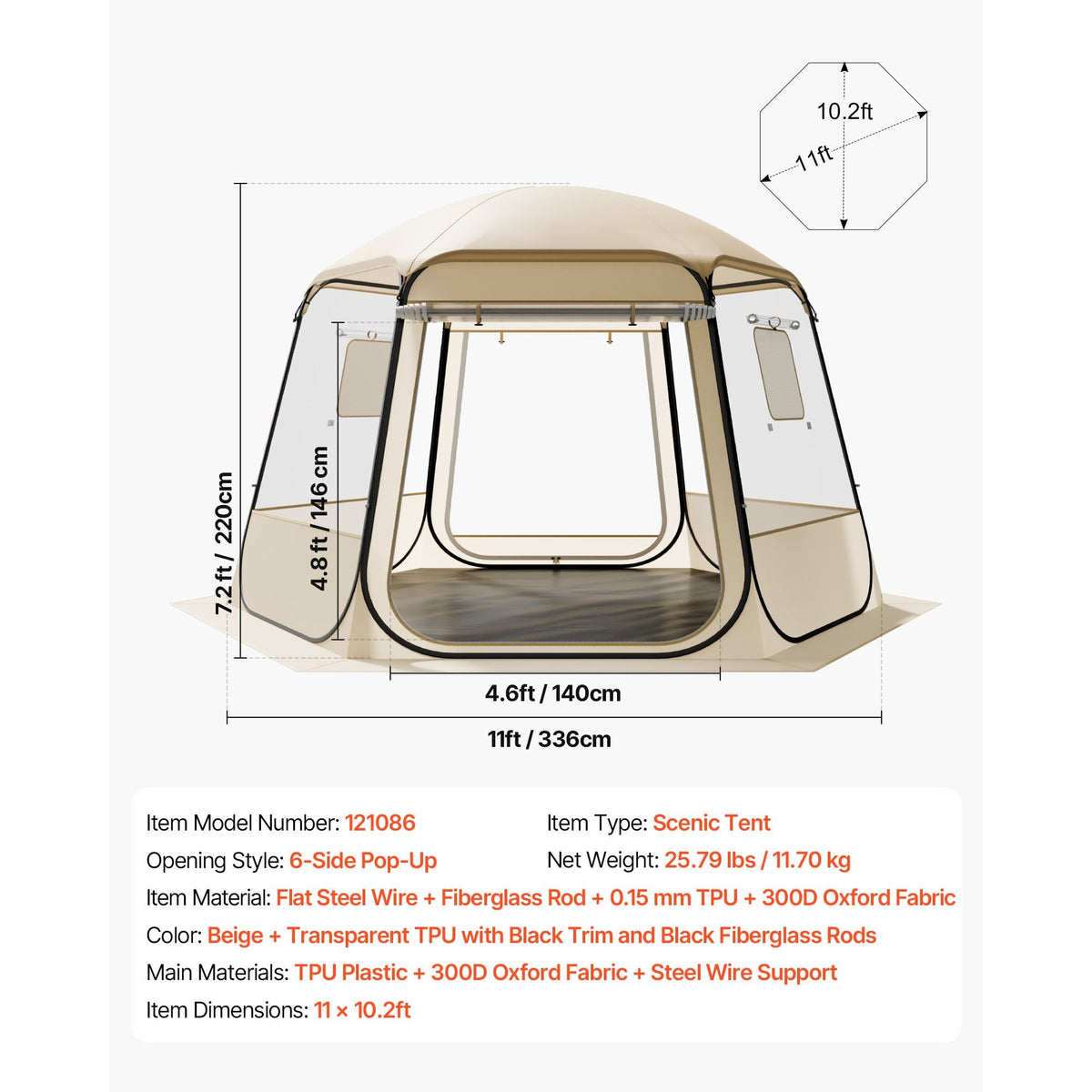 Pop up Bubble Tent, 11 x 10.2 ft Waterproof & UV-Resistant, Clear Camping Tent Shelter, Outdoor Garden Dome Igloo Tents with Windows, 540° Panoramic View, for 8-10 Persons Patio Backyard