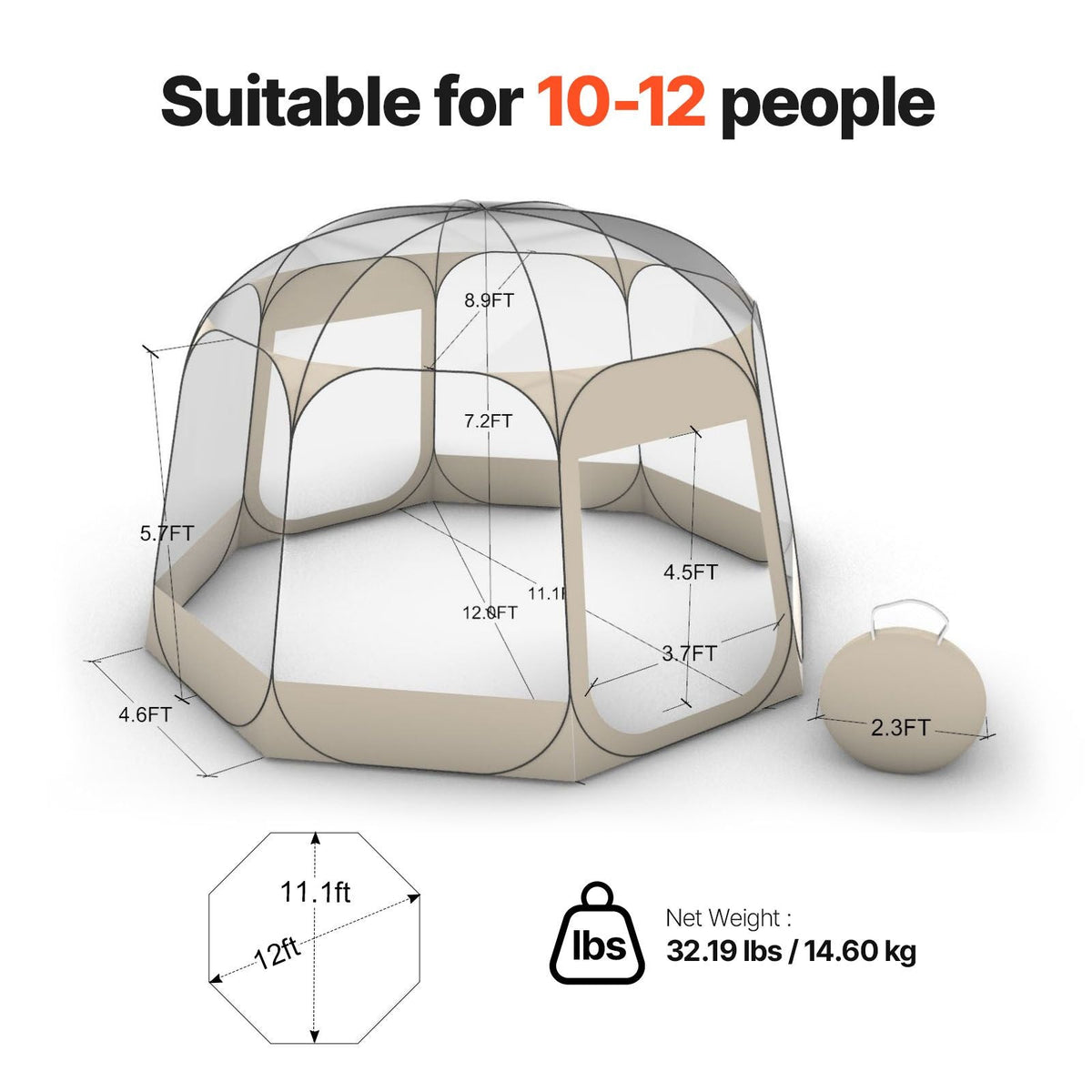 Pop up Bubble Tent, 12 x 11.1 ft Waterproof & UV-Resistant, Clear Camping Tent Shelter, Outdoor Garden Dome Igloo Tents with Windows, 540° Panoramic View, for 10-12 Persons Patio Backyard