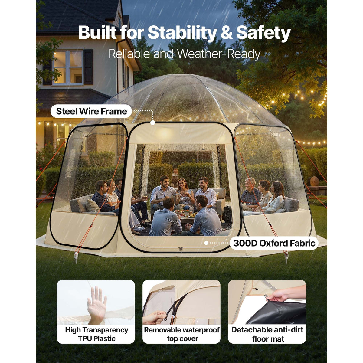 Pop up Bubble Tent, 15 x 13.8 ft Waterproof & UV-Resistant, Clear Camping Tent Shelter, Outdoor Garden Dome Igloo Tents with Windows, 540° Panoramic View, for 12-15 Persons Patio Backyard