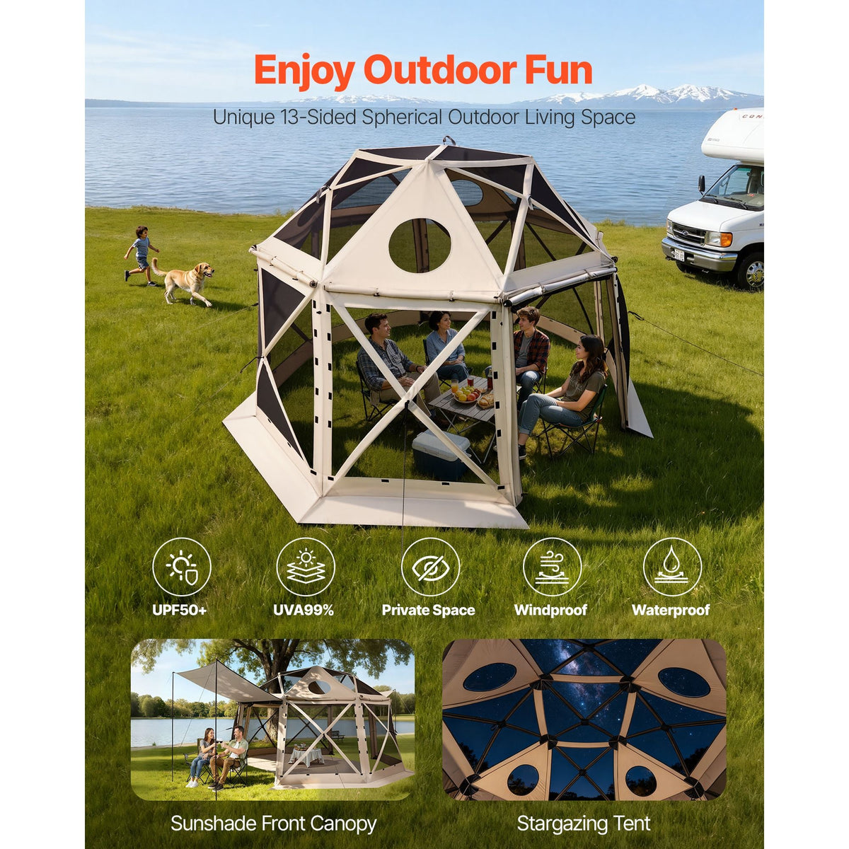 Pop up Gazebo Screen Tent, 12 x 12 ft, 13-Sided Spherical Camping Canopy Tent with Removable Top & Carry Bag, Quick-Set & Bite-Proof, Screen House Sun Shelter for 8-10 Persons, Beige
