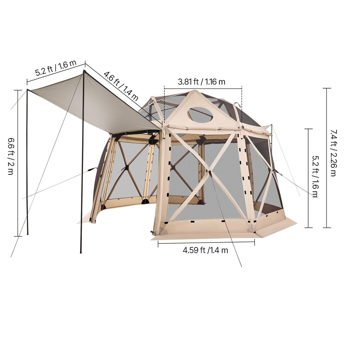 Pop up Gazebo Screen Tent, 12 x 12 ft, 13-Sided Spherical Camping Canopy Tent with Removable Top & Carry Bag, Quick-Set & Bite-Proof, Screen House Sun Shelter for 8-10 Persons, Beige