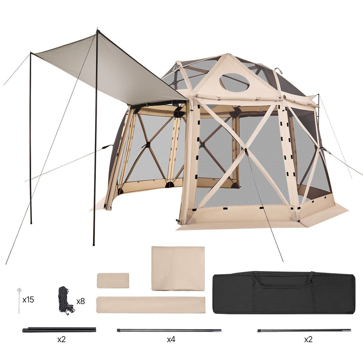 Pop up Gazebo Screen Tent, 12 x 12 ft, 13-Sided Spherical Camping Canopy Tent with Removable Top & Carry Bag, Quick-Set & Bite-Proof, Screen House Sun Shelter for 8-10 Persons, Beige
