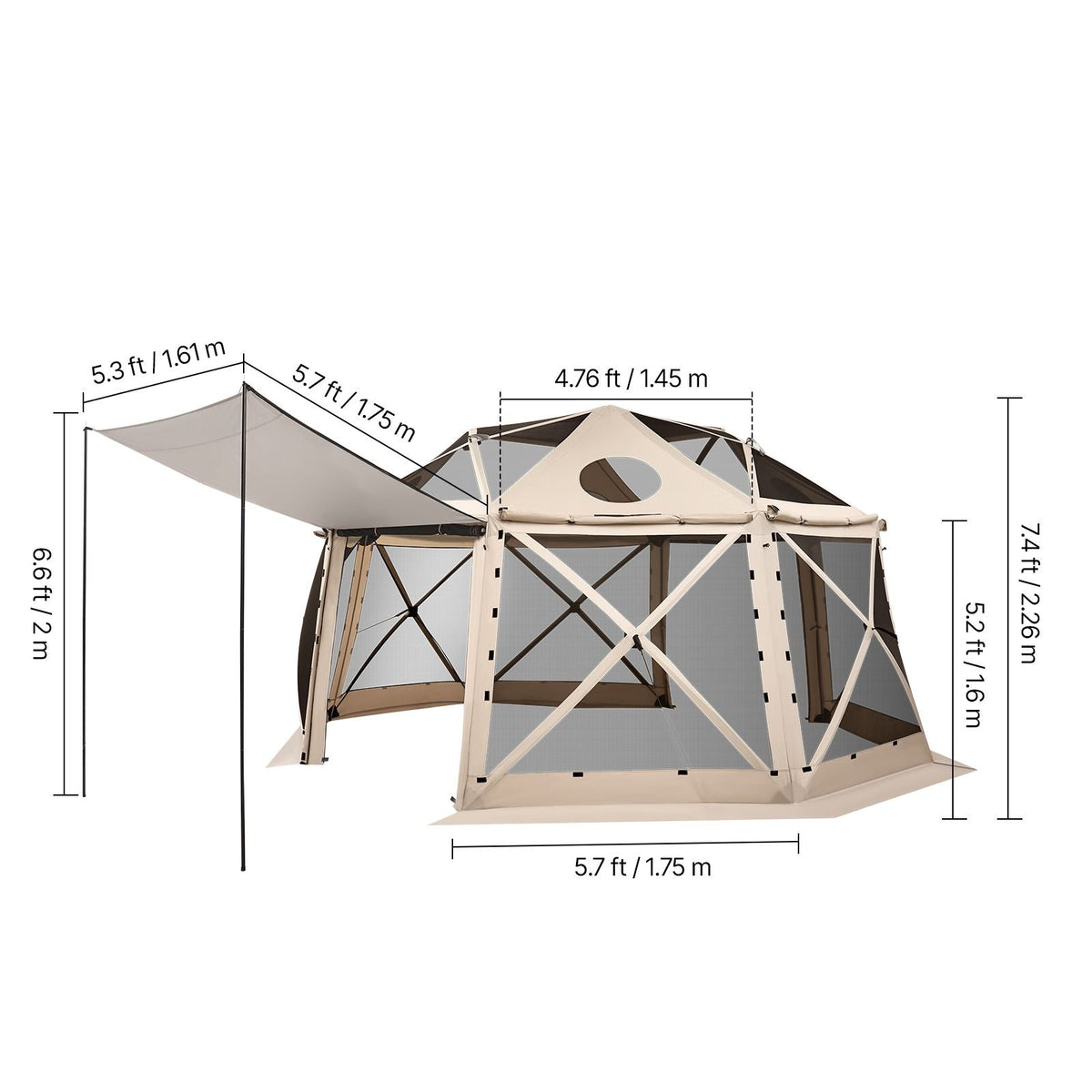 Pop up Gazebo Screen Tent, 15 x 15 ft, 13-Sided Spherical Camping Canopy Tent with Removable Top & Carry Bag, Quick-Set & Bite-Proof, Screen House Sun Shelter for 12-15 Persons, Beige